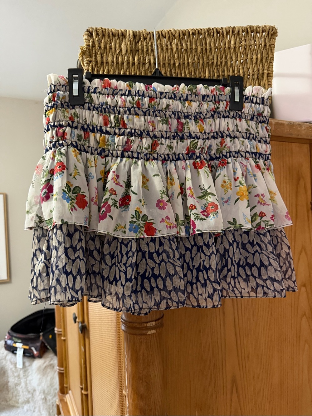 Floral Tiered Smocked Mini Skirt - White, Navy & Multicolor